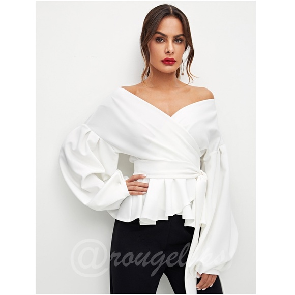 Bishop Sleeve Belted Peplum Top White V-Neck - Picture 4 of 8